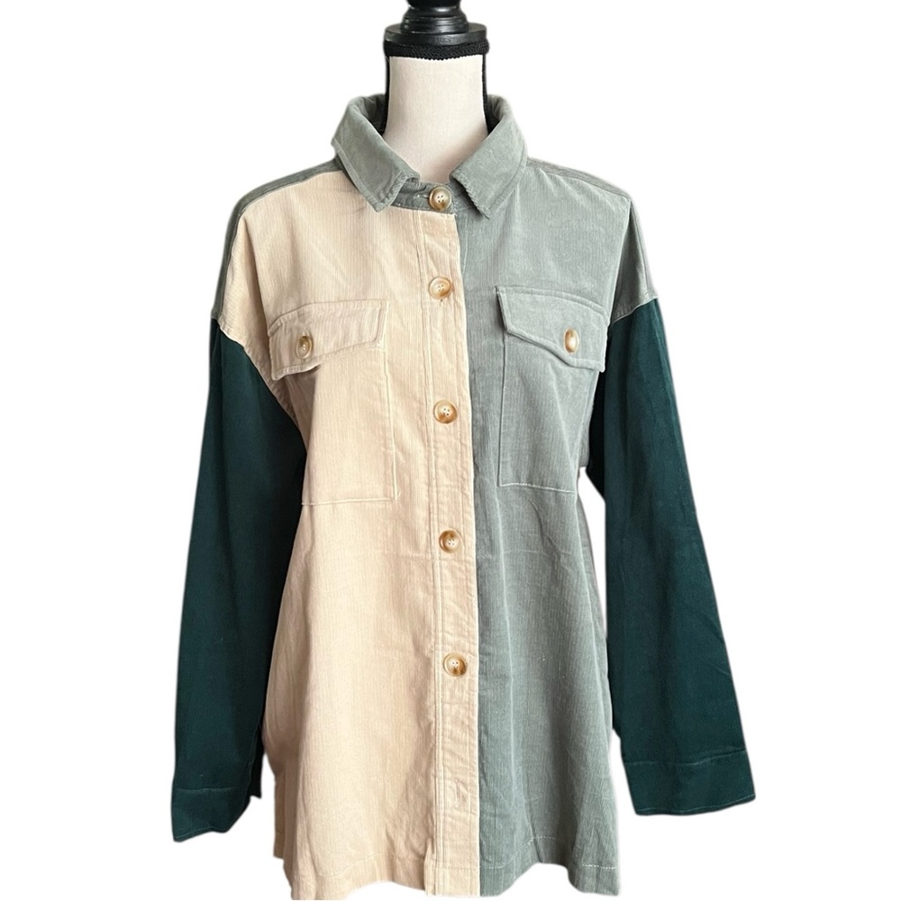 New oversized Corduroy Color Block Timing Shirt Jacket.